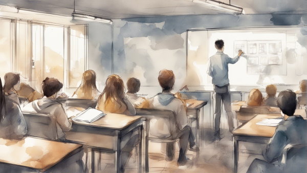 معلم پای تخته در حال درس دادن به دانش آموزان نشسته پشت میز (تصویر تزئینی مطلب ماتریس‌ها)