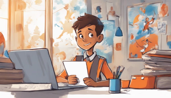 یک پسر با برگه در دست نشسته پشت میز لپ تاپ (تصویر تزئینی مطلب مجموعه در ریاضی چیست)