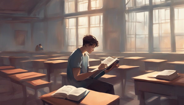 یک پسر با کتاب در دست در حال مطالعه در یک کلاس خالی