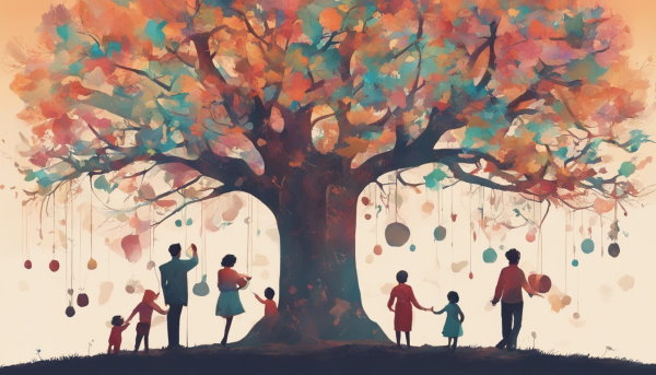 یک درخت و یک خانواده زیر آن (تصویر تزئینی مطلب شجره نامه)