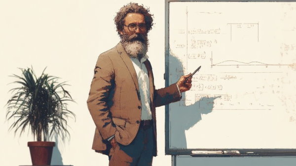 یک استاد ایستاده در کنار یک تخته سفید در حال اشاره به نوشته های روی تخته (تصویر تزئینی مطلب تنش و کرنش)