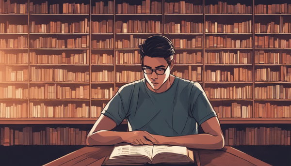یک شخص در حال مطالعه در کتابخانه (تصویر تزئینی متغیر تصادفی دو جمله‌ای و توزیع آن)