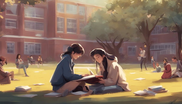 دانش آموزان نشسته در فضای سبز بیرون مدرسه در حال درس خواندن (تصویر تزئینی مطلب مقایسه میانگین میانه و نما)