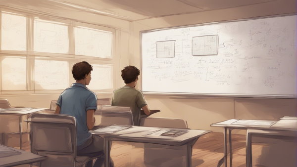 تصویر گرافیکی دو دانش آموز نشسته در کلاس در حال نگاه کردن تخته (تصویر تزئینی مطلب فاکتوریل ترتیب و ترکیب)