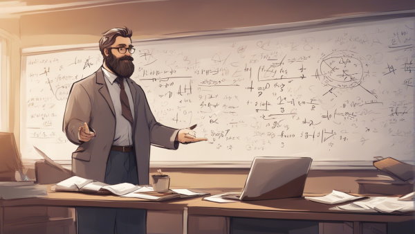 یک استاد ریاضی، تخته پر از معادله در پس زمینه و میز و لپ تاپ در رو به رو (تصویر تزئینی مطلب تبدیل فوریه)