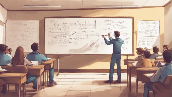 کلاس درس با دانش آموزان و تخته پر از معادلات ریاضی (تصویر تزئینی مطلب تبدیل لاپلاس)