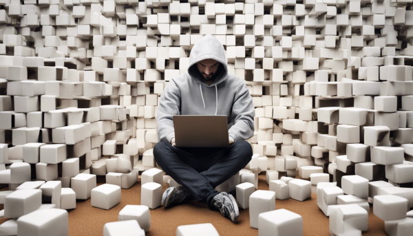 یک شخص با هودی نشسته در محیطی پر از مکعب در حال کار با لپ تاپ (تصویر تزئینی مطلب الگوریتم مرتب سازی)