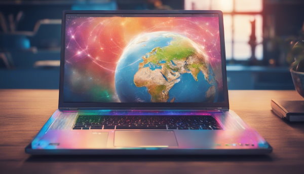 لپ تاپ روی میز با تصویر کره زمین (تصویر تزئینی مطلب روتر چیست)