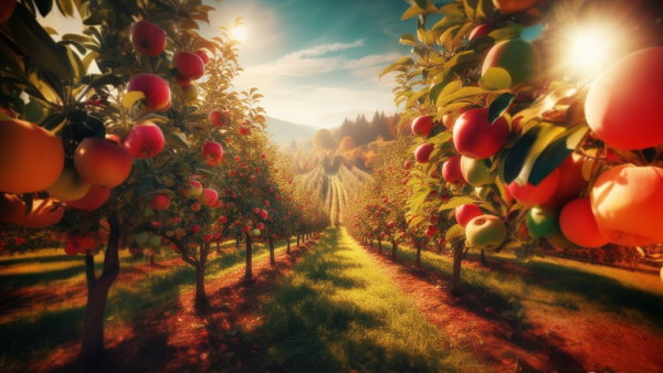 نمای زیبا از دو ردیف درخت سیب در یک باغ بزرگ (تصویر تزئینی مطلب فاصله اطمینان)