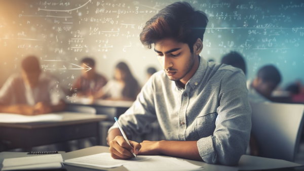 یک دانشجوی پسر نشسته پشت صندلی در کلاس درس در حال نوشتن با مداد روی کاغذ (تصویر تزئینی مطلب فاصله اطمینان)