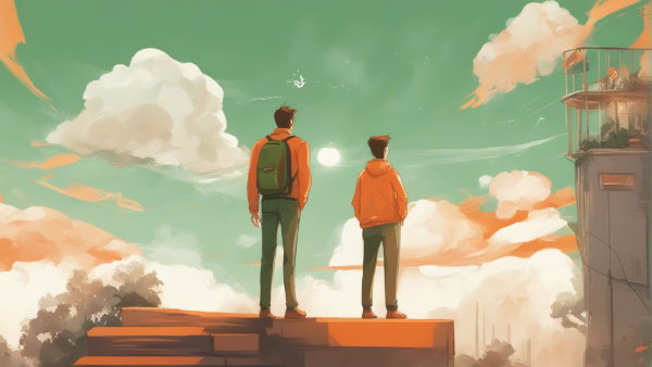 دو پسر جوان ایستاده در ارتفاع رو به ابرها و آسمان (تصویر تزئینی مطلب مشتق ضمنی)