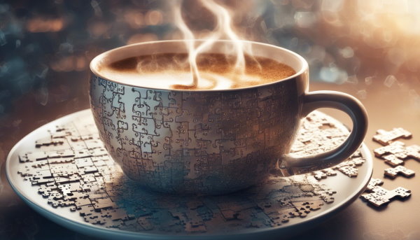 یک لیوان قهوه داغ ساخته شده از قطعات پازل