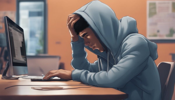 یک برنامه نویس نشسته پشت میز کامپیوتر با حالت خسته و دست زیر پیشانی