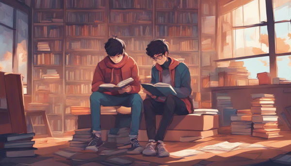 دو پسر در کتابخانه نشسته در حال مطالعه (تصویر تزئینی مطلب نماد علمی)