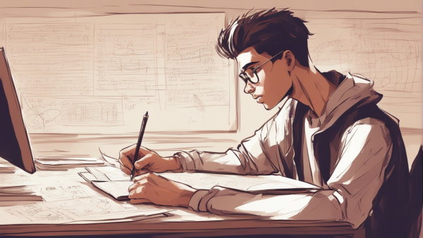تصویر گرافیکی یک نوجوان پسر پشت میز در کلاس در حال نوشتن