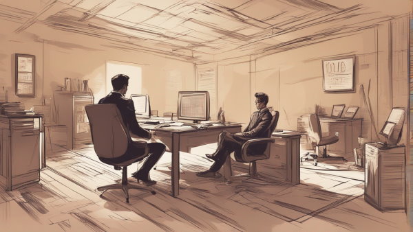 تصویر نقاشی با مداد از داخل یک اتاق اداری که دو نفر با کت و شلوار در آن در حال حرف زدن هستند