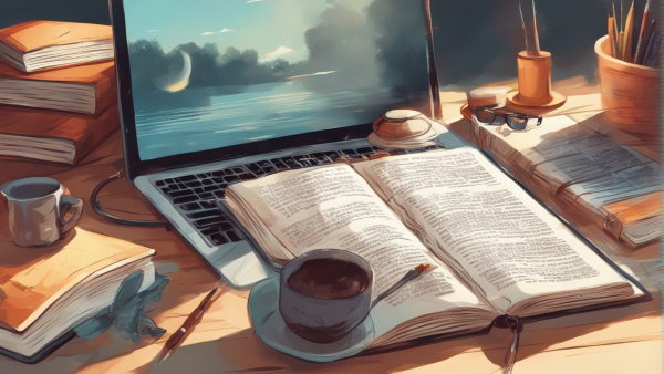 تصویر گرافیکی یک میز با لپ تاپ و فنجان قهوه و چندین کتاب