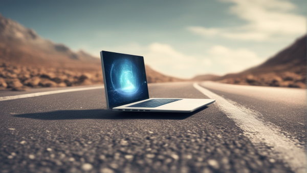 یک لپپ تاپ بر روی یک جاده