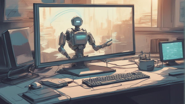تصویر گرافیکی یک ربات درون مانیتور کامپیوتر روی میز
