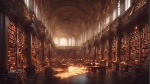 تصویر گرافیکی کتابخانه ای بزرگ به سبک رنسانس با هزاران کتاب (تصویر تزئینی مطلب زبان برنامه نویسی پایتون چیست)