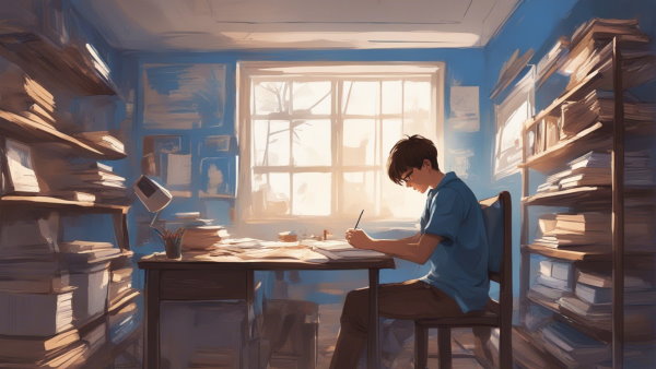نمای جانبی از یک اتاق و یک پسر نشسته پشت میز در حال نوشتن