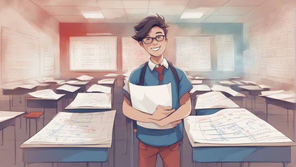 یک دانش آموز ایستاده در کلاس خالی با یک کاغذ در دست