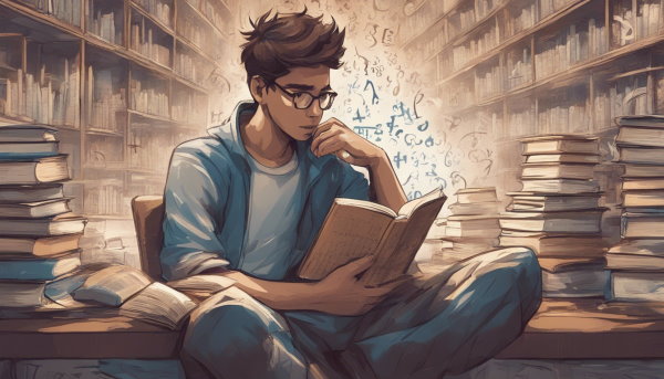 یک دانش آموز نشسته در کتابخانه در حال خواندن کتاب و فکر کردن به اعداد (تصویر تزئینی مطلب مشتق لگاریتم)