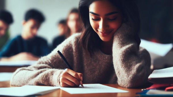 یک دانش آموز دختر نشسته پشت میز در حال نوشتن روی کاغذ (تصویر تزئینی مطلب حد در بینهایت)