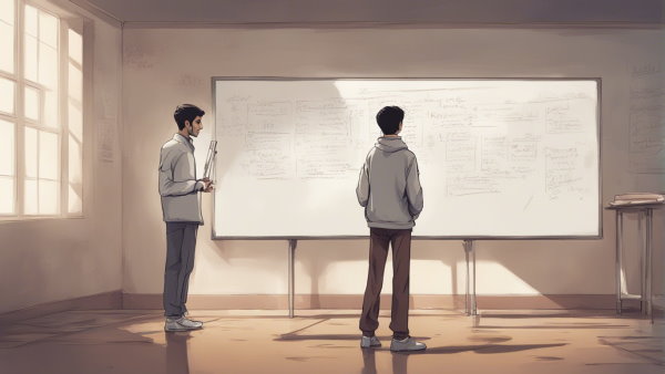 تصویر گرافیکی دو دانش آموز پسر در کلاس ایستاده رو به روی تخته (تصویر تزئینی مطلب لگاریتم طبیعی)