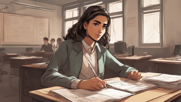 تصویر گرافیکی یک دانش آموز دختر مداد به دست پشت میز (تصویر تزئینی مطلب اتحاد و تجزیه)