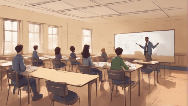 تصویر گرافیکی یک کلاس که معلم پای تخته در حال درس دادن به دانش آموزان است (تصویر تزئینی مطلب اتحاد و تجزیه)