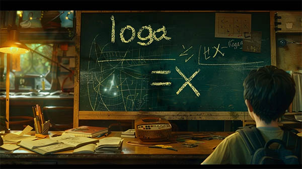 تخته سیاهی در کلاس قدیمی ریاضی که روی آن معادله لگاریتمی نوشته شده است
