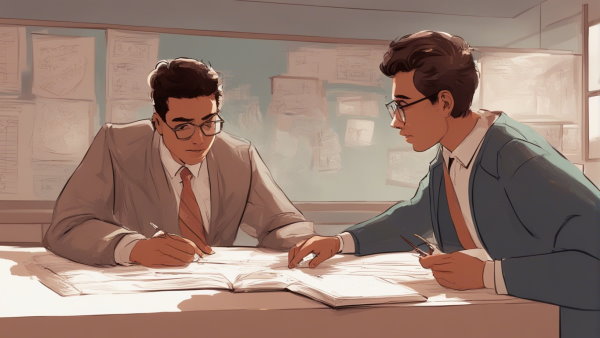 دو پسر جوان نشسته پشت یک میز در یک کلاس در حال درس خواندن