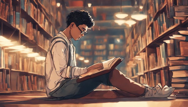 شخصی نشسته روی زمین کتابخانه در حال مطالعه (تصویر تزئینی مطلب توان و ریشه اعداد مختلط)