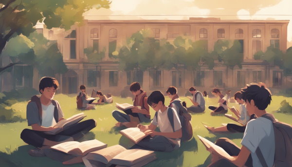 دانش آموزان نشسته در فضای سبز مدرسه در حال درس خواندن