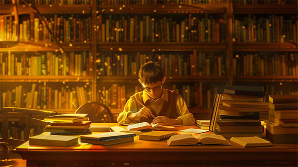 تصویری از پسری که در کتابخانه مشغول مطالعه درس ریاضی است - فضای کتابخانه با نور زرد کمرنگ احاطه شده است