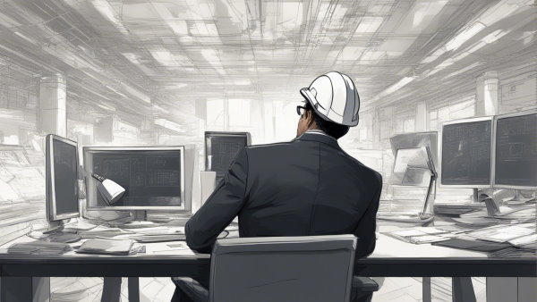 تصویر گرافیکی از یک مهندس با کلاه سفید و کت و شلوار نشسته روی میز پشت کامپیوتر (تصویر تزئینی مطلب رشته مهندسی صنایع)
