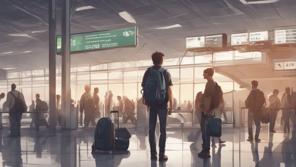تصویر گرافیکی نمای داخلی فرودگاه با مسافران