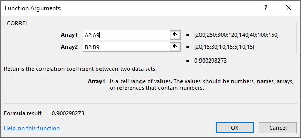 excel data and correlation function parameters