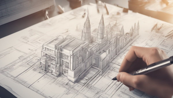 تصویر گرافیکی یک دست با مداد در حال کشیدن نقشه و مدل سه بعدی ساختمان بر روی کاغذ (تصویر تزئینی مطلب رشته مهندسی معماری)