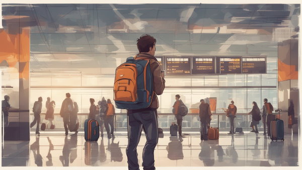 تصویر گرافیکی یک شخص با کوله پشتی در سالن بزرگ فرودگاه