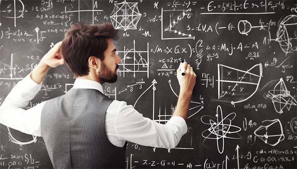 معلمی در حال نوشتن فرمول های فیزیک روی تخته سیاه است