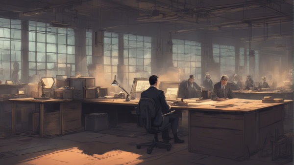 تصویر گرافیکی یک مرد پشت میز کار در یک محیط صنعتی (تصویر تزئینی مطلب رشته حسابداری)