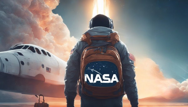 شخصی با کوله پشتی در مقابل یک شاتل فضایی (تصویر تزئینی مطلب رشته مهندسی هوافضا)