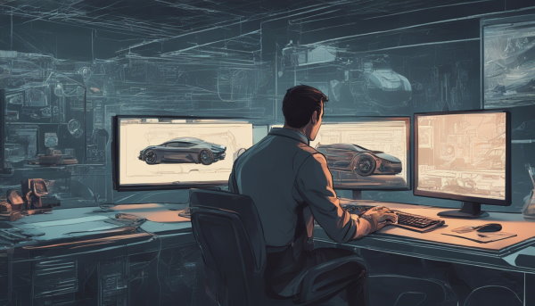یک شخص نشسته پشت سیستم کامیپوتری در حال نگاه کردن به طراحی های خودرو (تصویر تزئینی مطلب رشته مهندسی خودرو)