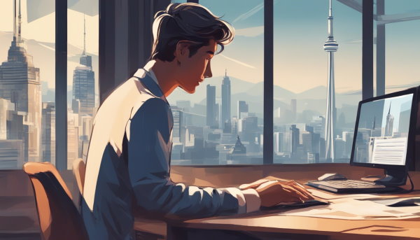 یک نفر در حال کار با کامپیوتر کنار پنجره ای رو به برج CN در کانادا