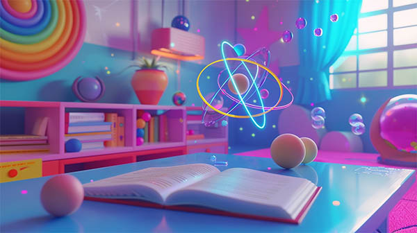 ساختار اتم بالای کتابی در اتاق رنگی