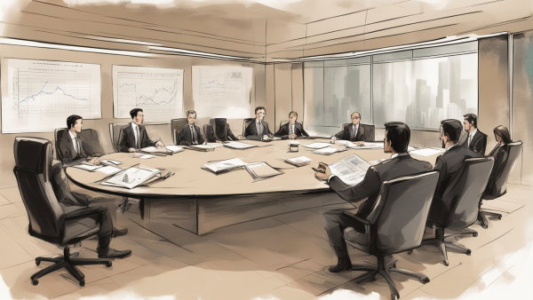 تصویر گرافیکی از یک جلسه مدیریتی که مدیران در دور یک میز بزرگ نشسته اند (تصویر تزئینی مطلب رشته مدیریت بازرگانی)