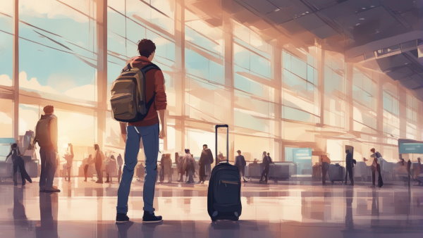تصویر گرافیکی از یک پسر جوان با کوله پشتی و چمدان در سالن فرودگاه