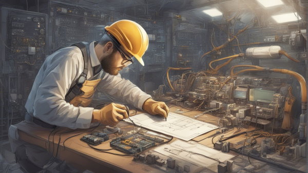 تصویر گرافیکی یک مهندس برق پشت میز در حال کار بر روی یک مدار (تصویر تزئینی مطلب رشته مهندسی برق)